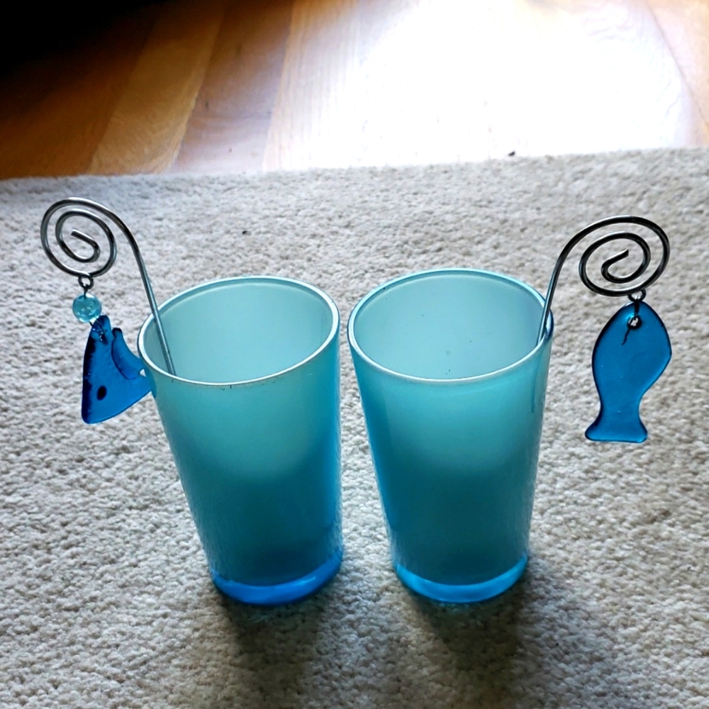 Blue Glass Tealight Holders with Glass Fish